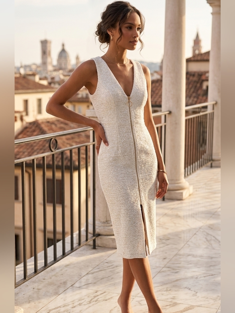 🎀Sleeveless Cream Zip-Front Midi Dress with V-Neck